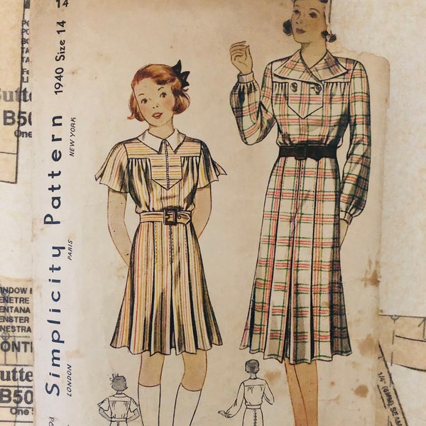 Simplicity 1940 Vintage 40s Dress w/ Collar Detail Womens Sewing Pattern Dress Size 14 Bust 32 Shirtwaist Pleated Skirt Long  Short Sleeves