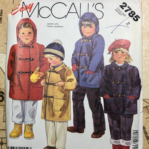 Mccalls 2785 Childrens Coat Sewing Pattern Boys Girls Peacoat Unlined Winter Jacket Detachable Hood M2785 Size 2 Short Long Pockets UNCUT