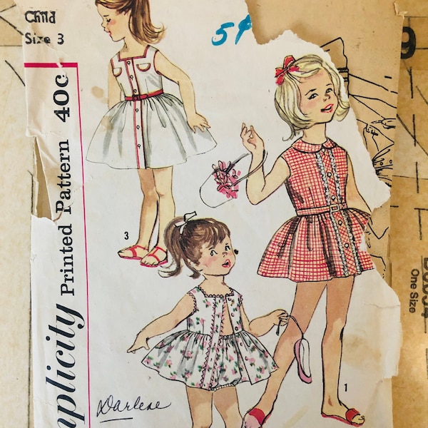 Simplicity 3499 Vintage 50s Girls Sewing Pattern Child Size 3 Dress Two Lengths Bloomer Full Skirt Button Up Bodice Square Neck Peter Collar