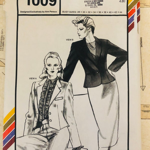 Stretch & Sew 1009 Spencer Jackets Jacket Blazer Short Fitted Tailored Collar Bust 28 - 44 Lined Dart Fitted Suit Tailored UNCUT