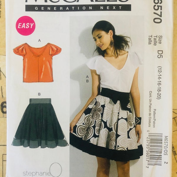 Mccalls 6570 Skirt Sewing Pattern Womens Size 12 14 16 18 20 Full Skirt Blouse Flutter Flounce Sleeve Pleated Band Contrast V Neck Bow UNCUT