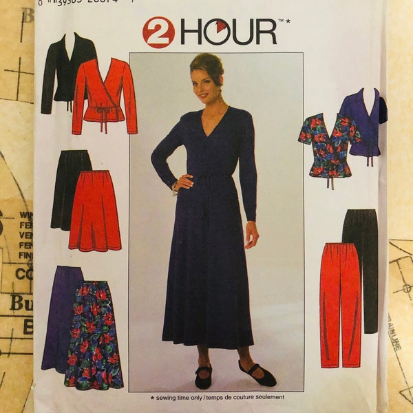 Simplicity 7843 Womens Sewing Pattern Size 4 6 8 Misses Knit Top Shirt Blouse Skirt Pants Wrap Wrapped Crossover Tie Ends V Neck UNCUT