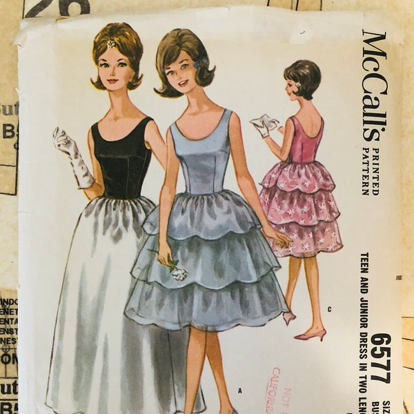 Mccalls 6577 Vintage 60s Tiered Dress Sewing Pattern Size 14 Bust 34 Prom Formal Evening Full Skirt Sleeveless Scallop Scalloped Floor Knee