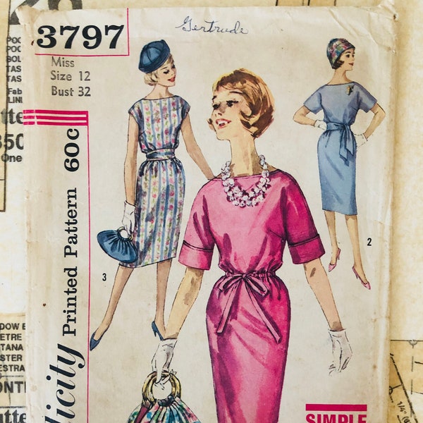 Simplicity 3797 Vintage 60s Womens Sewing Pattern Size 12 Dress Purse Hat Belted Tie Sash Kimono Sleeves Drawstring Tie Waist Matching