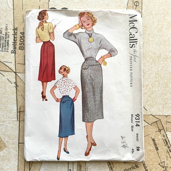 Mccalls 9314 Vintage 50s Skirt Sewing Pattern Vintage 1950s Wiggle Skirt Pattern Slim  Pocket Detail Fitted Retro 50s Womens Waist 28 UNCUT