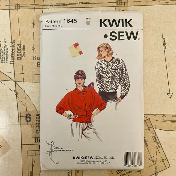 Kwik Sew 1645 Button Up Pattern Deep Dolman Sleeve Top Shirt Blouse Collar Oversize Vintage Retro Sewing Pattern Womens Size XS S M L UNCUT