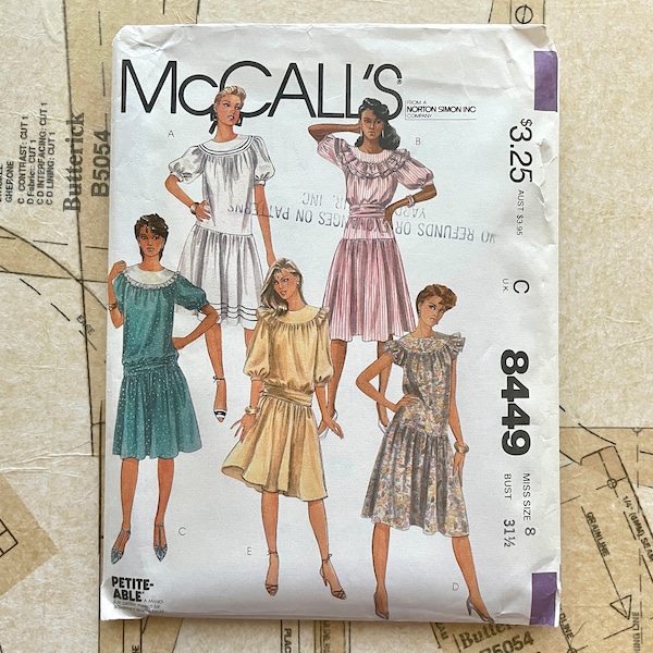 Mccalls 8449 Dress Pattern 1980s Drop Waist Dress Yoke Button Back Gathered Skirt Ruffle Collar Womens Size 8 Bust 31 1/2 Vintage 80s UNCUT