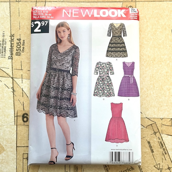 New Look 6370 Dress Pattern Lace V neck Gathered Skirt Scallop Princess Seam Evening Prom Sewing Pattern Womens Size 8 10 12 14 16 18 UNCUT