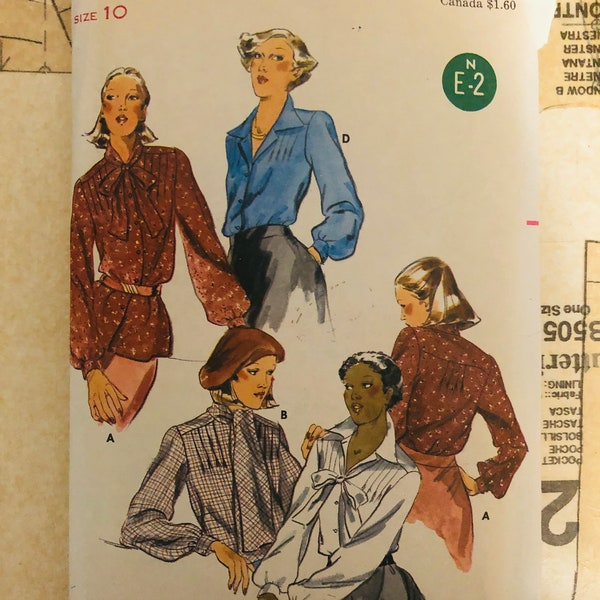 Butterick 5079 Vintage 70s Womens Sewing Pattern Size 10 Misses Blouses Shirt Top Pin Tuck Details Yoke Front Button Sleeves Cuffs Collar