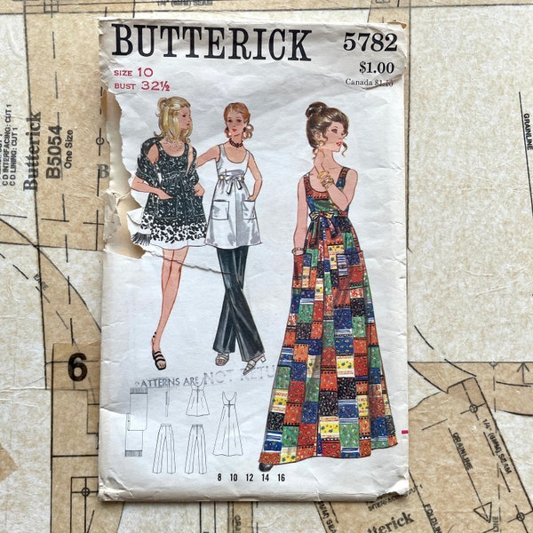 Butterick 5782 Summer Dress Sewing Pattern 70s Maxi Dress Pattern Vintage Dress With Pockets Pants Scarf Belt Womens Size 10 Bust 32 1/2 CUT