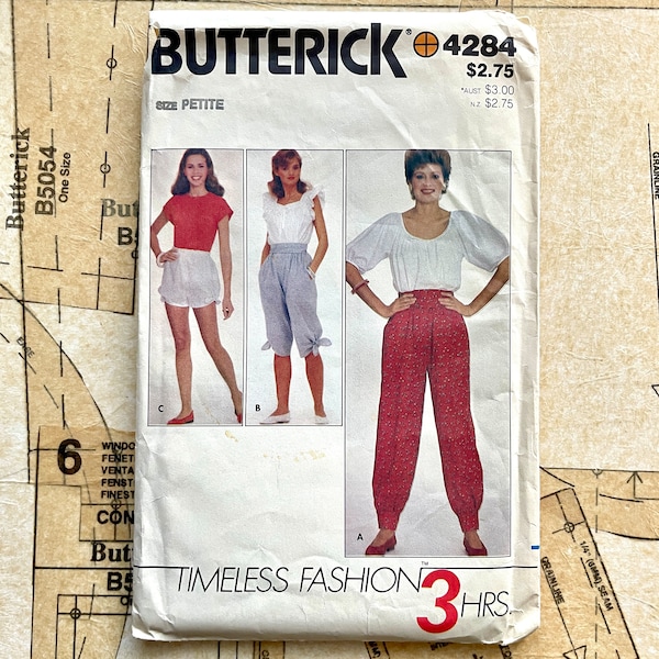 Butterick 4284 Tie Detail Pants Pattern 80s 90s Style Harem Pant Capri or Shorts Bow Wrap Sewing Pattern Womens Size Petite 6 Vintage UNCUT