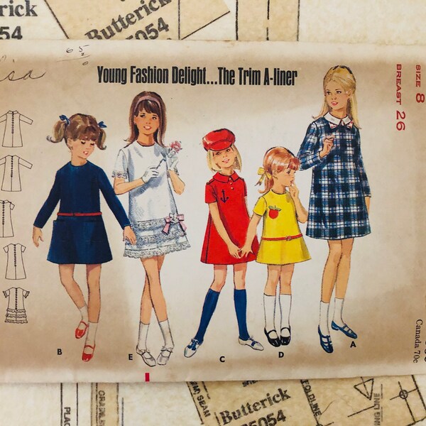 Vintage Girls Dress Sewing Pattern Size 8 Butterick 4545 Long Or Short Sleeves Mod Style 60s Pockets Trimmed Collar Above Knee Short Little