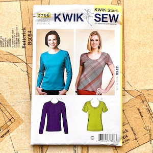 Kwik Sew 3766 Knit Top Pattern Stretch Fabric Misses Pullover Tops T-shirts Tshirts Tee Scoop Sewing Pattern Womens Size XS S M L XL UNCUT image 1