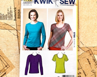 Kwik Sew 3766 Knit Top Pattern Stretch Fabric Misses Pullover Tops T-shirts Tshirts Tee Scoop Sewing Pattern Womens Size XS S M L XL UNCUT