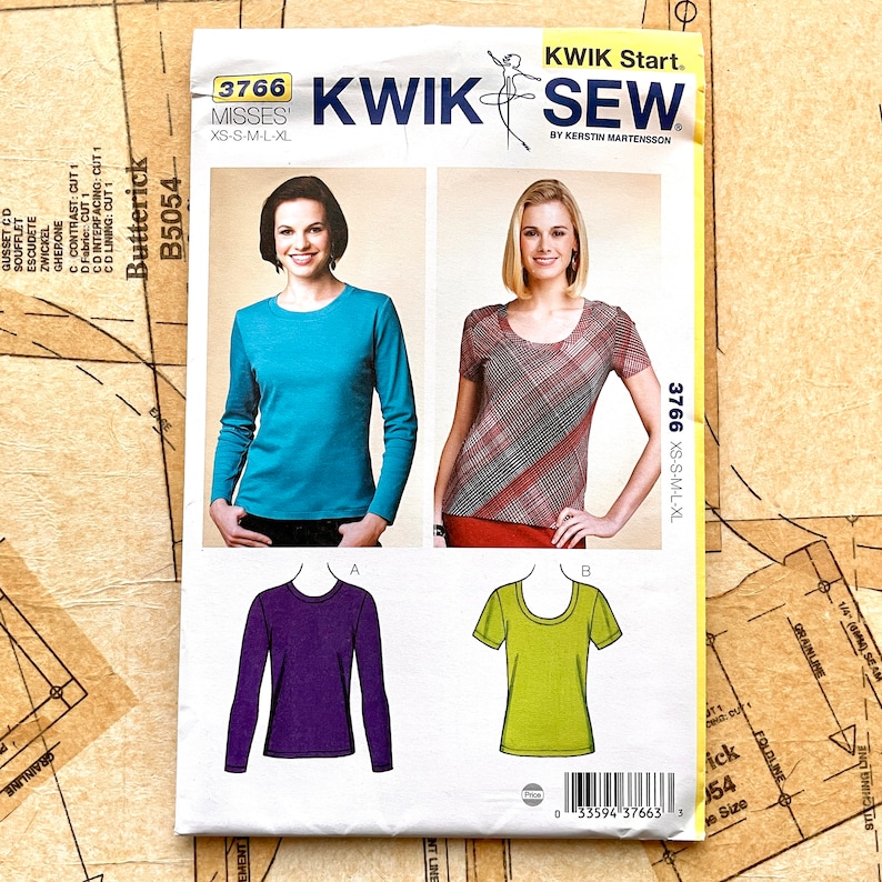 Kwik Sew 3766 Knit Top Pattern Stretch Fabric Misses Pullover Tops T-shirts Tshirts Tee Scoop Sewing Pattern Womens Size XS S M L XL UNCUT image 1