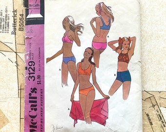 Mccalls 3129 Swimsuit Pattern Two Piece Bikini Style Swim Suit Shorts Hipster Brief Sewing Pattern Womens Size 6 Bust 30 1/2 Vintage 70s CUT