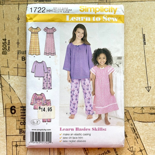 Simplicity 1722 Girls Pajama Set Sewing Pattern Nightgown Night Gown Top Pants Elastic Girly Pjs Sleep Girls Size 3 4 5 6 UNCUT