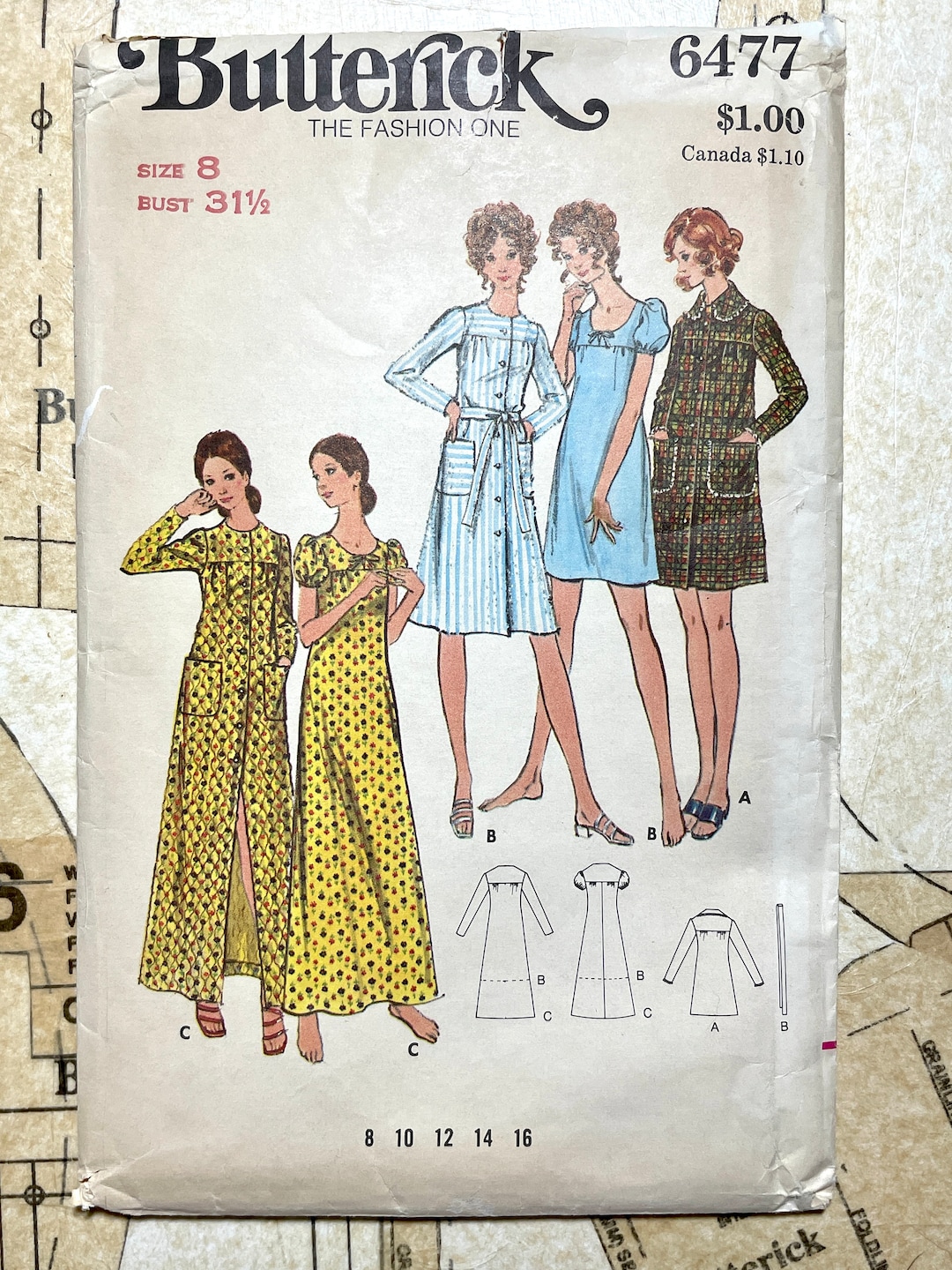 Butterick 6477 Vintage Robe Pattern Long Short Puff Sleeves Pockets 70s ...
