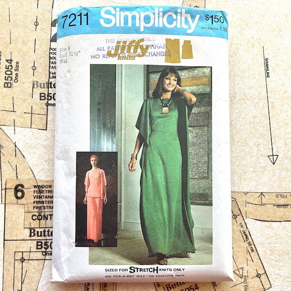 Simplicity 7211 Caftan Dress Pattern Maxi or Tunic Length Fitted Caftan and Pants Sewing Pattern Womens Size 8 Bust 31 1/2 Vintage 70s CUT