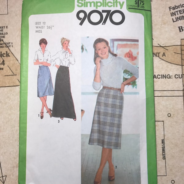 Simplicity 9070 Vintage Skirt Size 12 Sewing Pattern S9070 1970s Misses Women's A Line Skirt in Two Lengths 70s Style Easy 1979 Sloper UNCUT