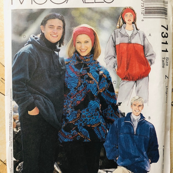 Mccalls 7311 Mens Sewing Pattern Pullover Jacket Unisex Womens Stretch Knit Fabrics Size xl xxl xlarge xxlarge collar hood drawstring UNCUT