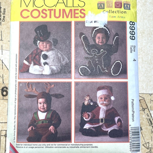Mccalls 8999 Toddler Costume Sewing Pattern For Toddlers Snowman Gingerbread Reindeer Rudolph Santa Size 4 Halloween Jumpsuit Costume UNCUT