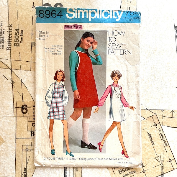 Simplicity 8964 Jumper Dress Pattern Sleeveless Jumper Sewing Pattern Above Knee Mini Jumper Dress  Womens Size 14 Bust 36 Vintage 70s CUT