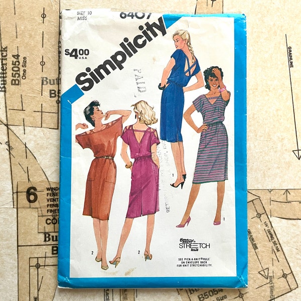 Simplicity 6407 Dress Pattern Stretch Knit Fabric Open Back V Neck Elastic Waist Dress Straps Sewing Pattern Womens Size 10 Vintage 80s CUT