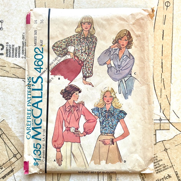 Mccalls 4602 70s Blouse Pattern Pullover Shirt with Collar Bow Long Sleeves Pleated Detail Top Sewing Pattern Womens Size 14 Vintage 70s CUT