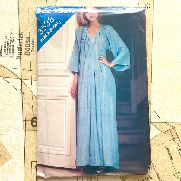 See & Sew 3538 Dress Pattern Nightgown Pullover Dress Loose Fitting Gathers Low Cut VNeck Sewing Pattern Womens Size S M L Vintage 80s UNCUT