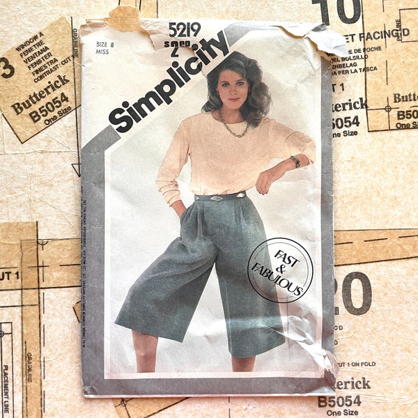Simplicity 5219 Culottes Pattern Gaucho Pant Sewing Pattern Culotte Pants Sewing Pattern Blouse 1980s Womens Size 8 Bust Vintage 80s CUT