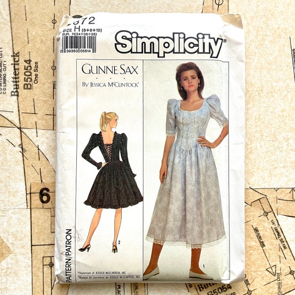 Simplicity 8672 Gunne Sax Dress Pattern Corset Tie Back Open Back Leg of Mutton Sleeve Costume Dress Sewing Pattern Womens Size 6 8 10 UNCUT