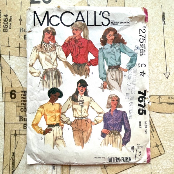 Mccalls 7675 80s Blouse Pattern Womens 80s Shirt Sewing Pattern Gathers Long Cuffed Sleeves Womens Size Small 8 Bust 21 1/2 Vintage 80s CUT