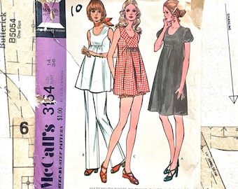 Mccalls 3154 Maternity Pattern Dress Tunic Bloomers Pants Gather Waist Puff Sleeve Sewing Pattern Womens Size 10 or 14 Vintage 70s CUT