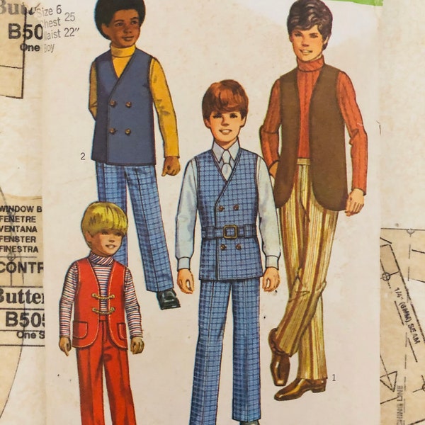 Simplicity 9336 Vintage 70s Boys Sewing Pattern Size 6 Shirt Pants Reversible Vest Belt Double Breasted Rounded Pockets Roll Collar Neck