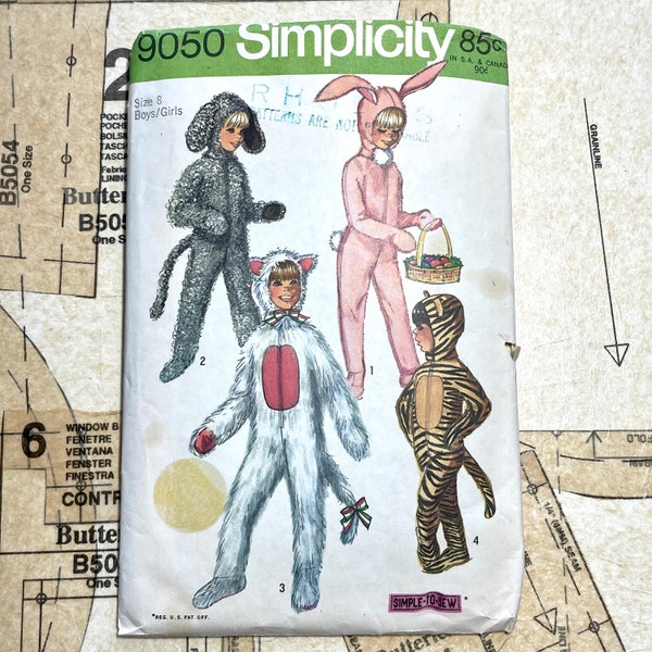 Simplicity 9050 Vintage Costume Pattern Animal Jumpsuit Costume Sewing Pattern Puppy Bunny Cat Tiger Footed Girls Boys Childrens Size 8 CUT