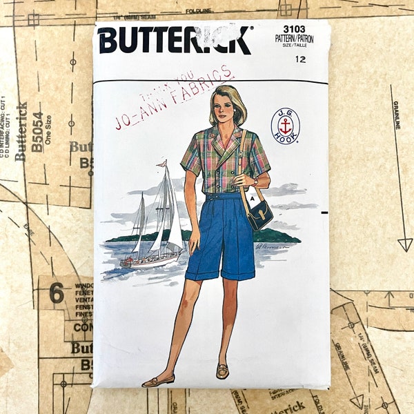 Butterick 3103 Shorts Pattern Double Breasted Collar Shirt Blouse Top Short Trouser Pants Sewing Pattern Womens Size 3103 Vintage 80s UNCUT