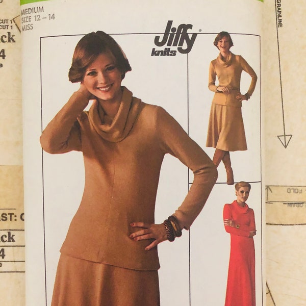 Simplicity 7750 Vintage 70s Sewing Pattern Size Medium 12 14 Knit Pullover Dress Top Skirt Elastic Waist Cowl Collar Blouse Stretch A Line
