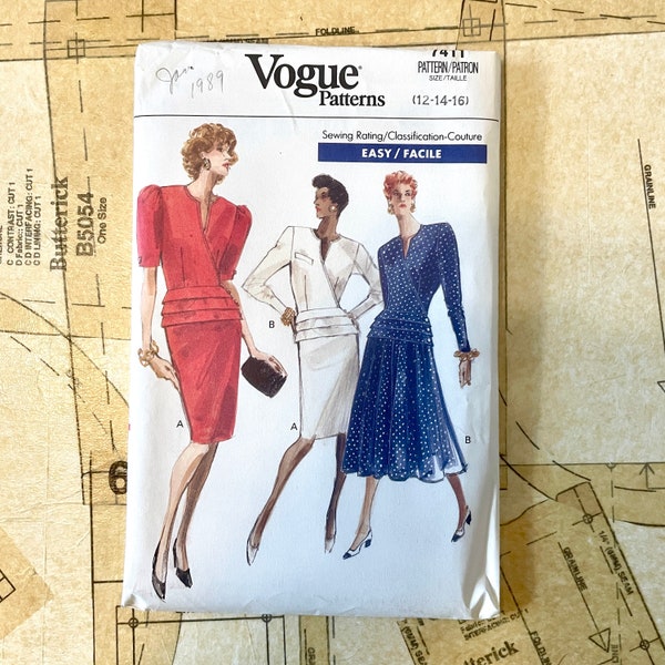 Vogue 7411 Peplum Suit Sewing Pattern Top and Skirt Shoulder Pads Tiered Peplum 80s Secretary  Womens Size 12 14 16 80s 90s Vintage UNCUT