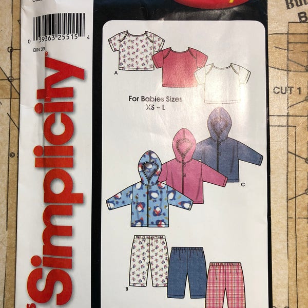 Simplicity 7054 Baby Clothes Sewing Pattern 1-18 months Toddler Newborn Pants Shirt Top Elastic Waist Hood Jacket Fleece Knit Outfit UNCUT