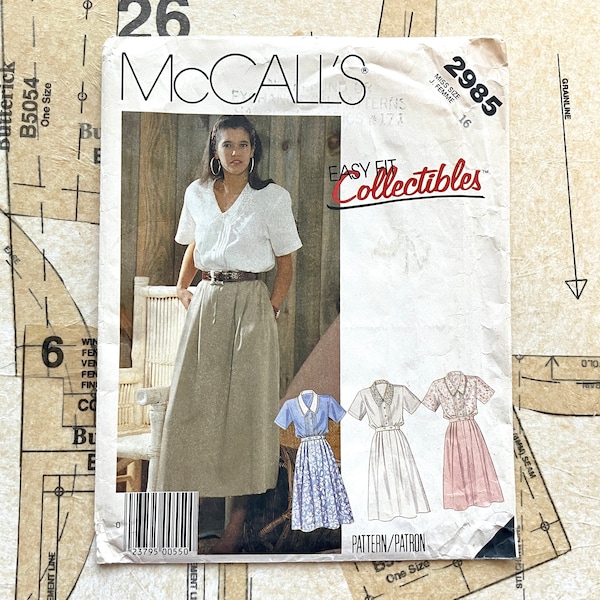 Mccalls 2985 80s Blouse Pattern Pintuck Detail Button Up Shirt 80s Collar and Pleated Skirt Sewing Pattern Womens Size 16 Vintage 1980s CUT