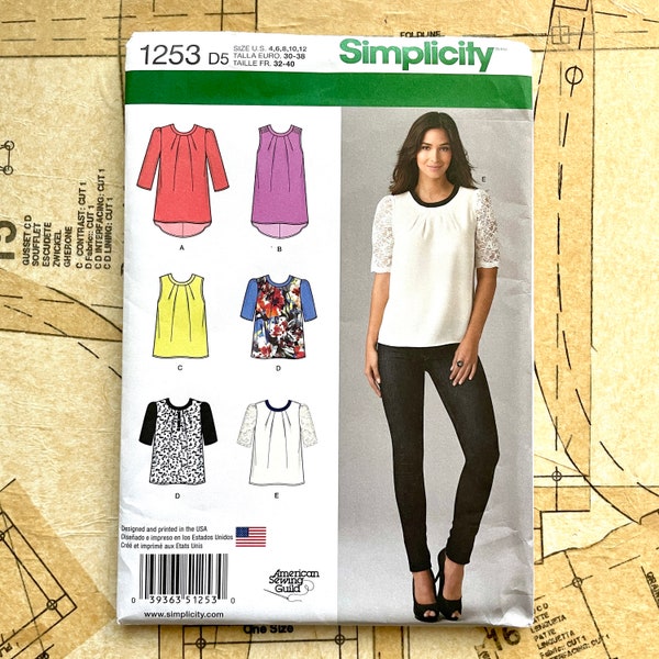 Simplicity 1253 Blouse Pattern Pleated Round Neckline Shirt Top Sheer Sleeves Length Variations Sewing Pattern Womens Sie 4 6 8 10 12 UNCUT