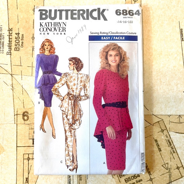 Butterick 6864 Peplum Dress Sewing Pattern Lined Peplum Knee or Maxi Length Dress Gown Long 80s  Womens Size 14 16 18 80s Vintage UNCUT