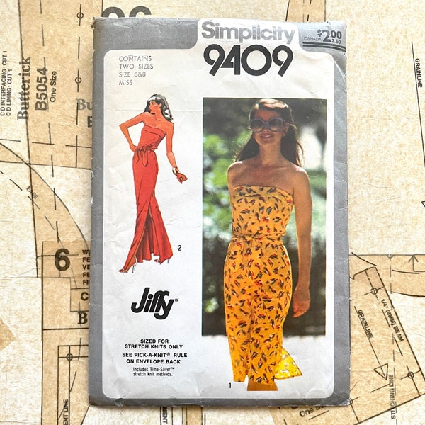 Simplicity 9409 Strapless Dress Pattern Strapless Summer Knit Dress Sewing Pattern Maxi or Knee Length Belt Womens Size 6 8 Vintage 80s CUT