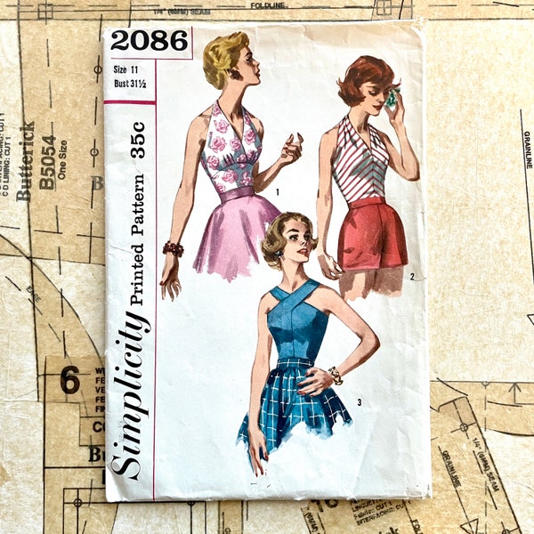 Simplicity 2086 Halter Top Pattern Retro Tie Back Open V Neck Fitted Bra Bodice  Sewing Pattern Womens Size 11 Bust 31 1/2 Vintage 50s CUT