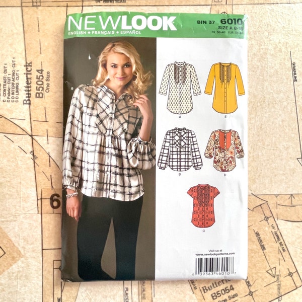 New Look 6010 Tunic Pattern Pin Tuck Detail Top Blouse Long Sleeve Loose Fitting Shirt Button Up Yoked  Womens Size 8 10 12 14 16 18 UNCUT