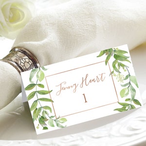 Green Floral and Copper Name Cards, Escort Cards, Name Cards, Flat Name Cards, Tented Name Cards, Handmade, Foil Place Cards, Wedding image 1