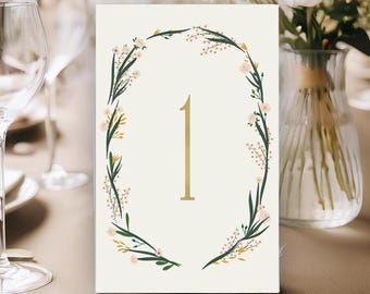 Floral Gold Foil Wedding Table Numbers: Elegant Script (4x6)