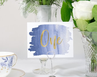 Navy Ombre Watercolor Splash and Gold Foil Table Numbers Handmade Wedding 0140 4x6