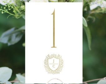Personalized Gold Foil Crest Table Numbers: Wedding Decor (4x6)